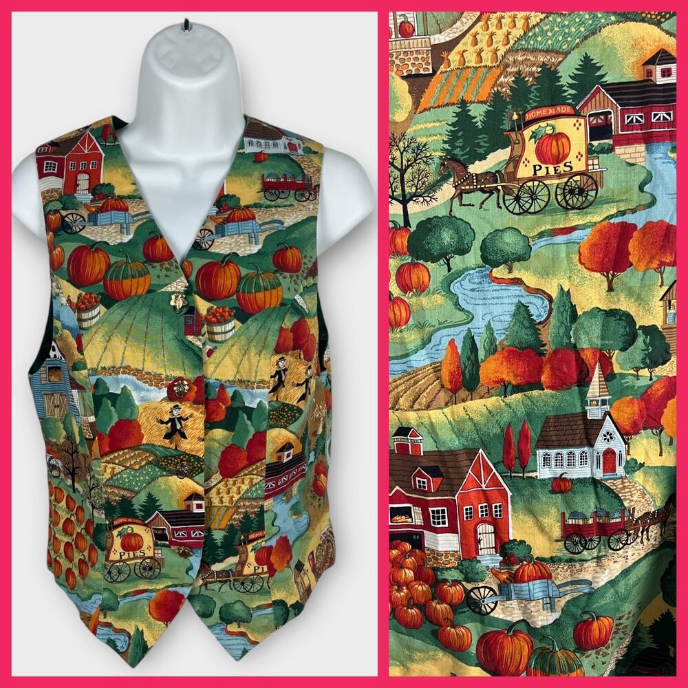 Handmade leaf button snap closure fall novelty farm‎ print vest Women's XS